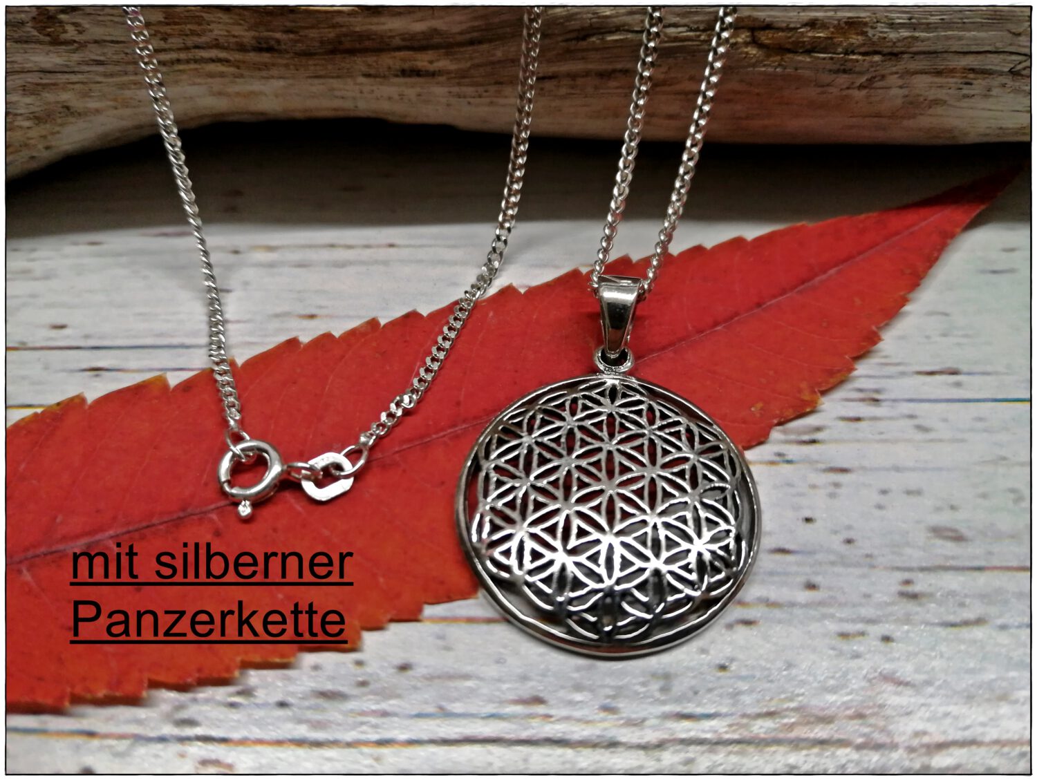 Lebensblume Anhänger mit Panzerkette, Silber