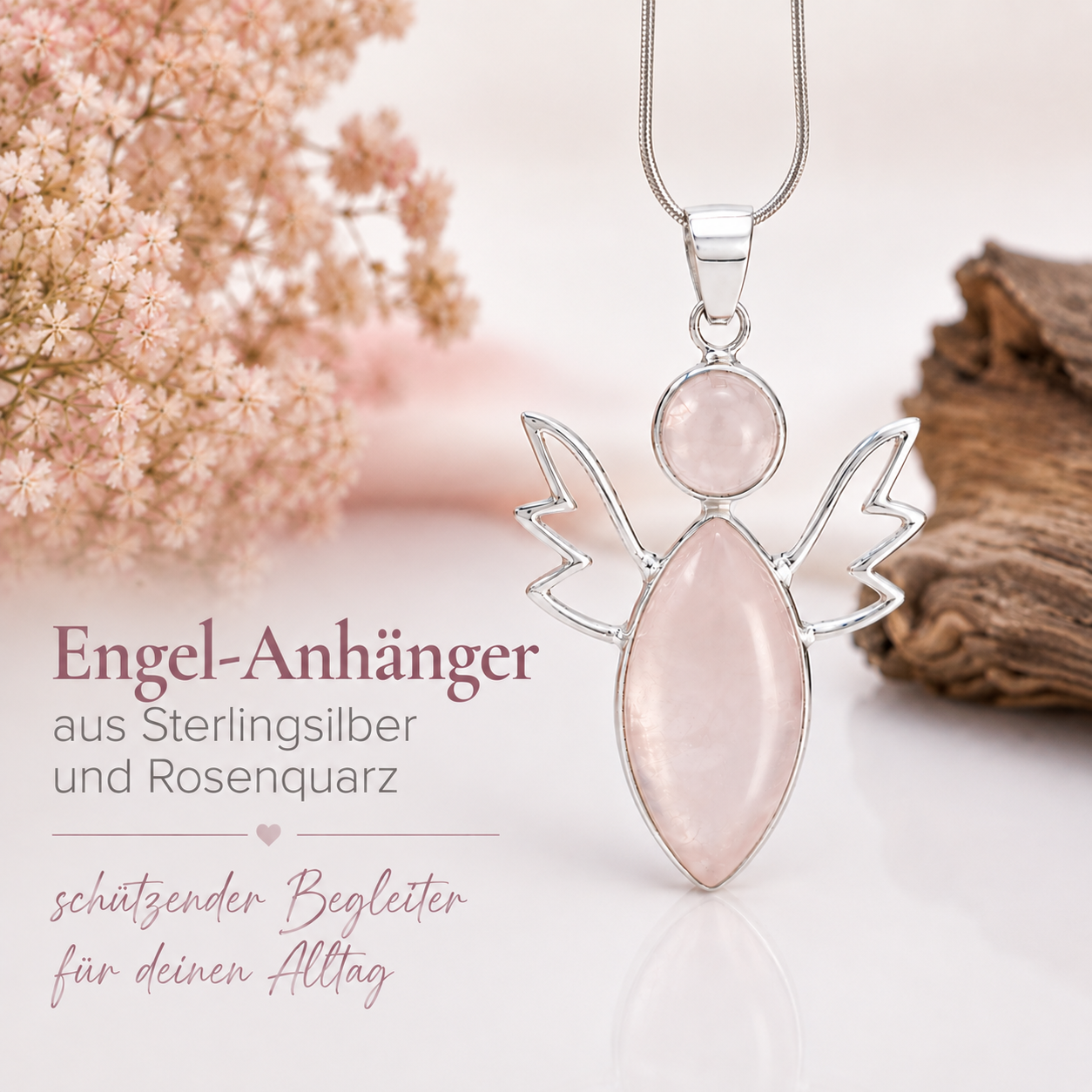 Engelanhänger aus Sterlingsilber und Rosenquarz
