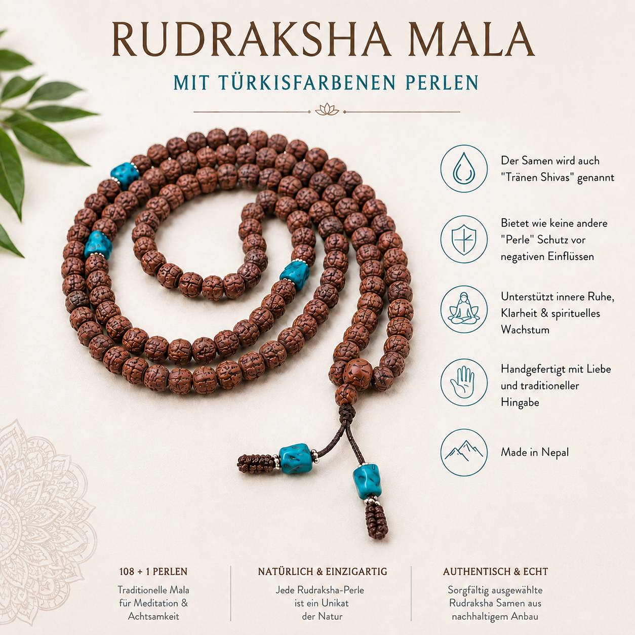 Rudraksha Mala mit türkisfarbenen Perlen