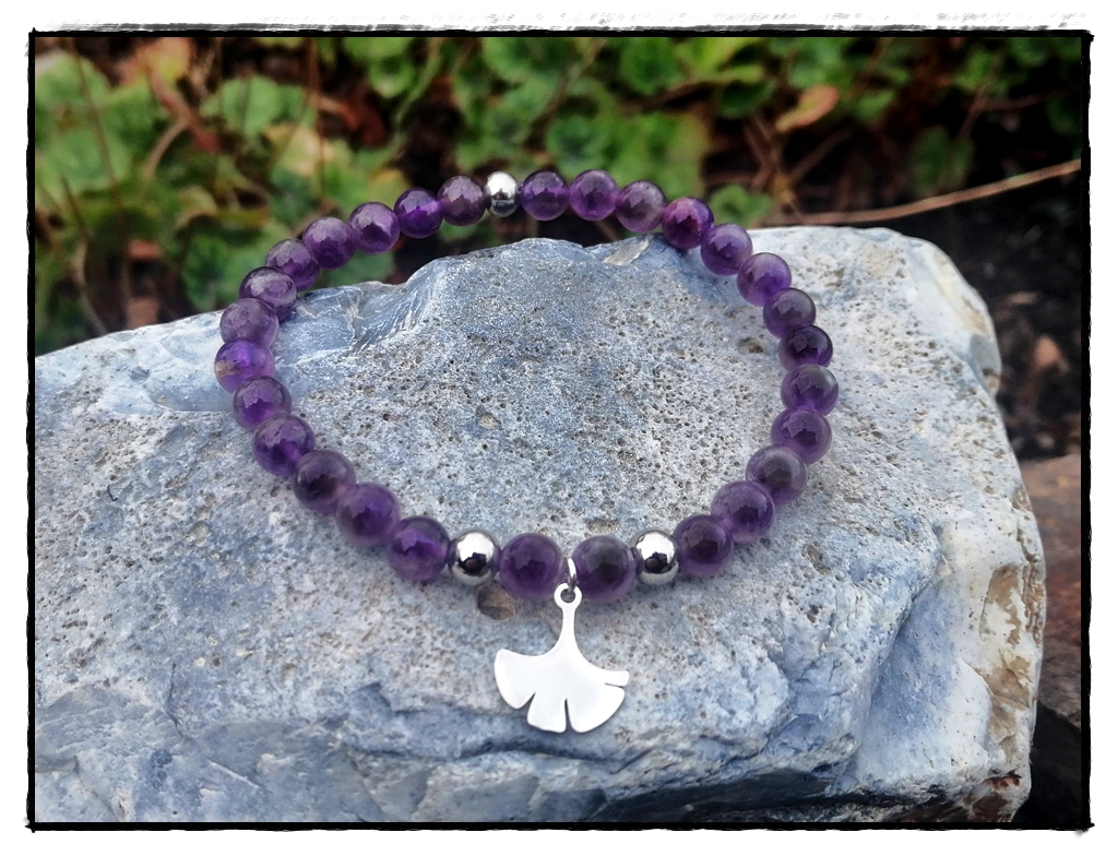 Amethyst Armband mit Gingkoblatt-Anhänger
