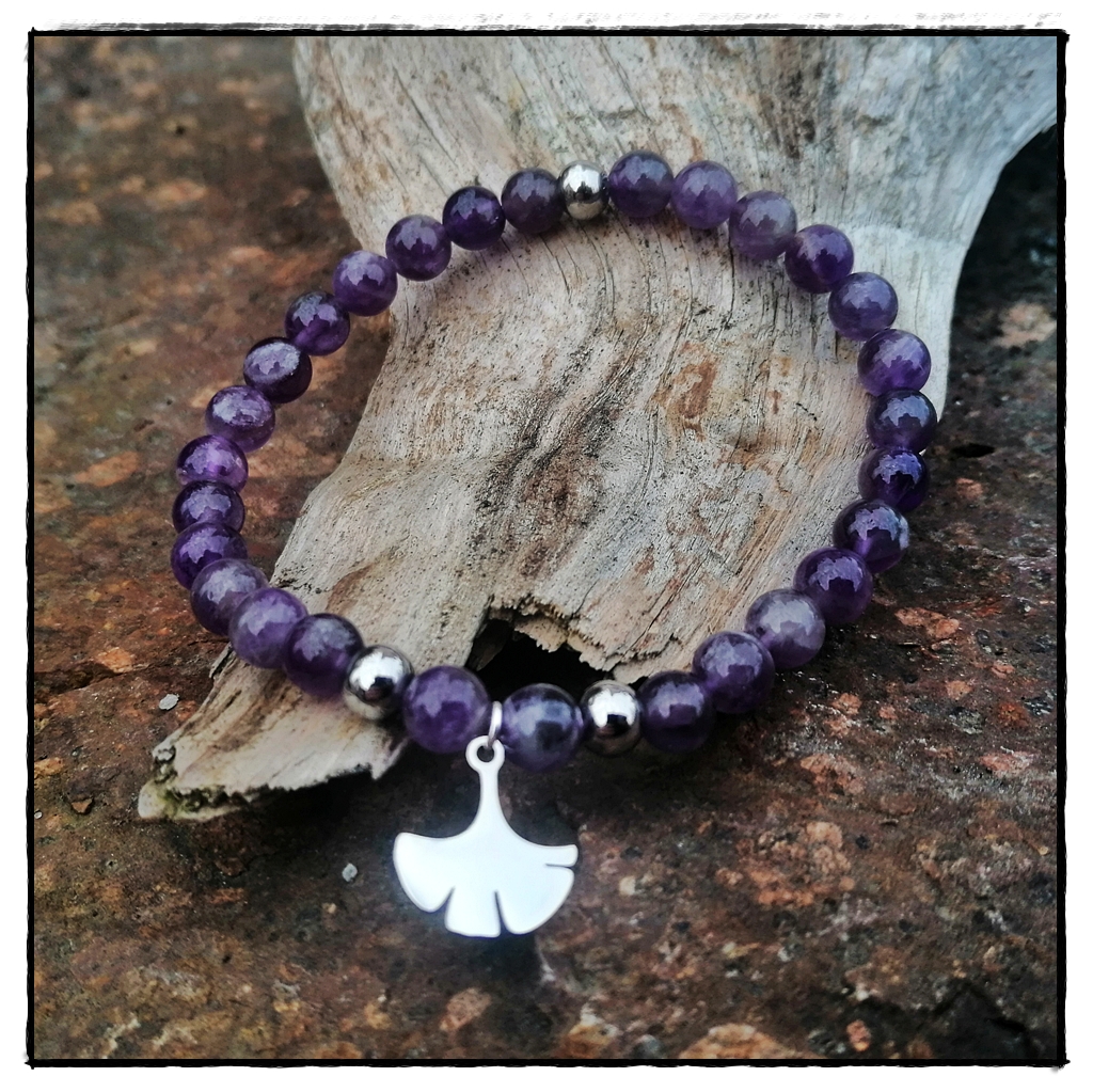 Amethyst Armband mit Ginkoblatt