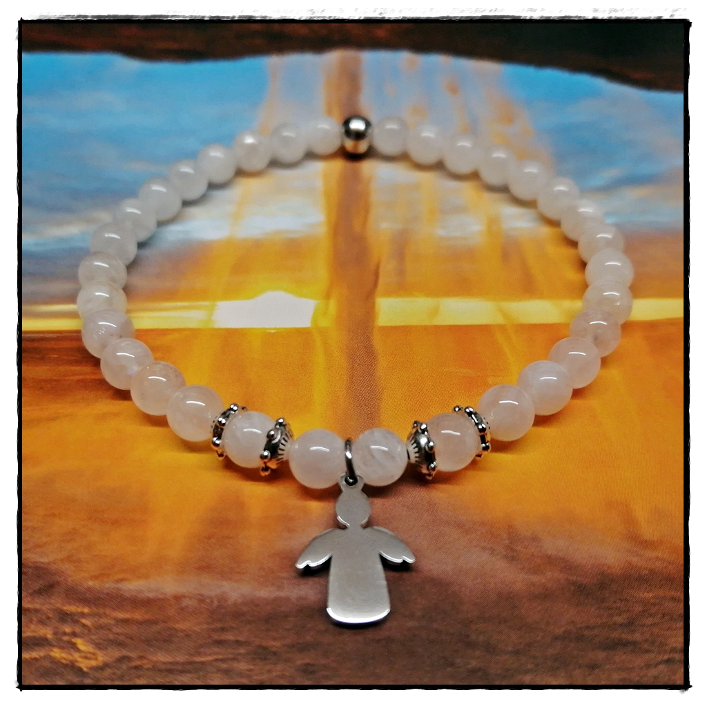 weißes Mondsteinarmband mit Engel aus Edelstahl